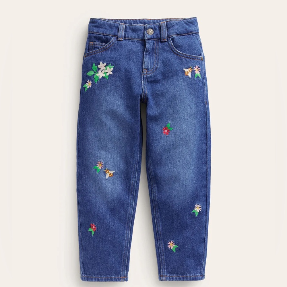 Mini Boden NWT Relaxed Straight Mid Denim Blue Jeans Floral Embroidery 4Y - Picture 6 of 7